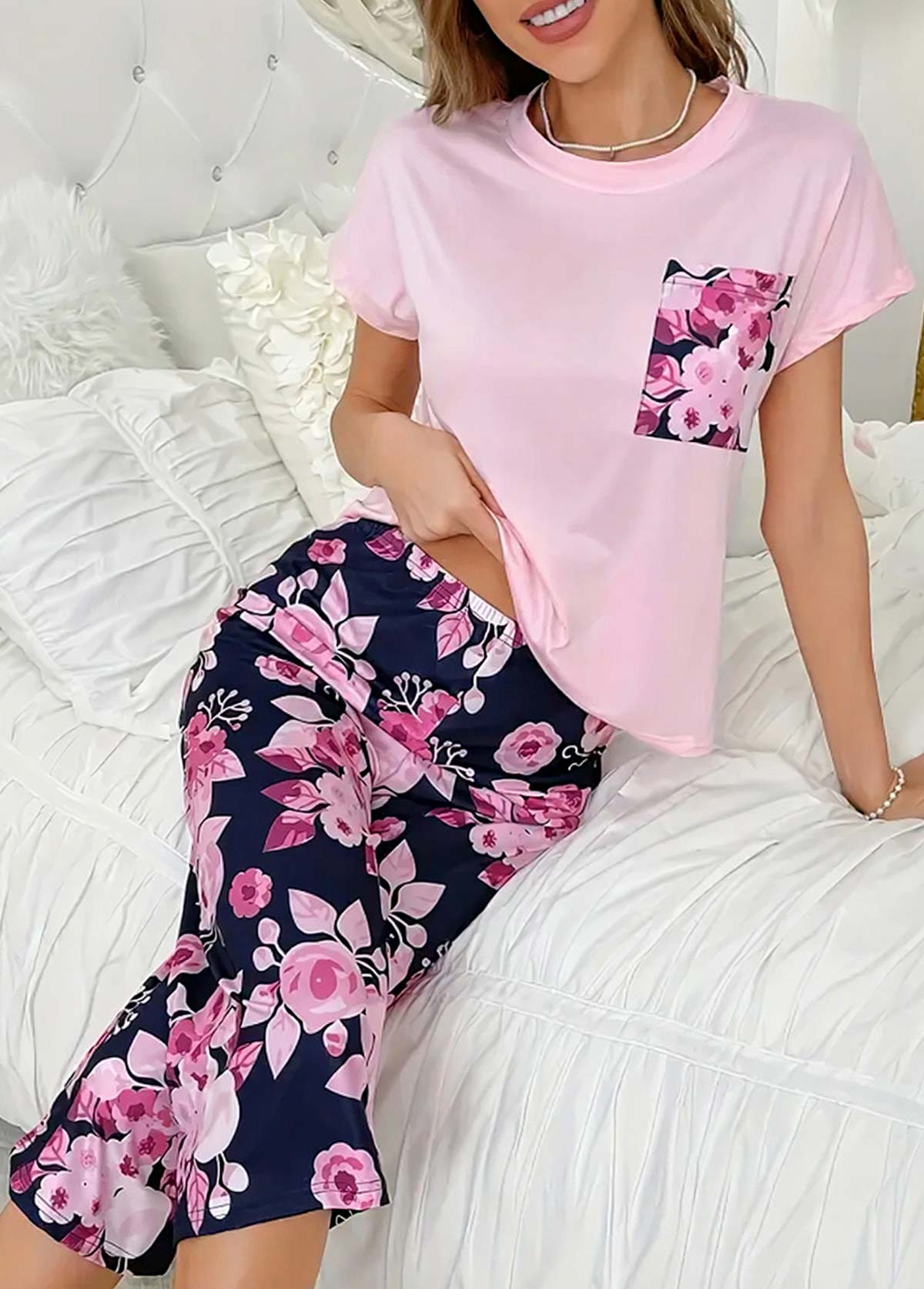 Floral Print Pink Round Neck Lounge Top and Pants