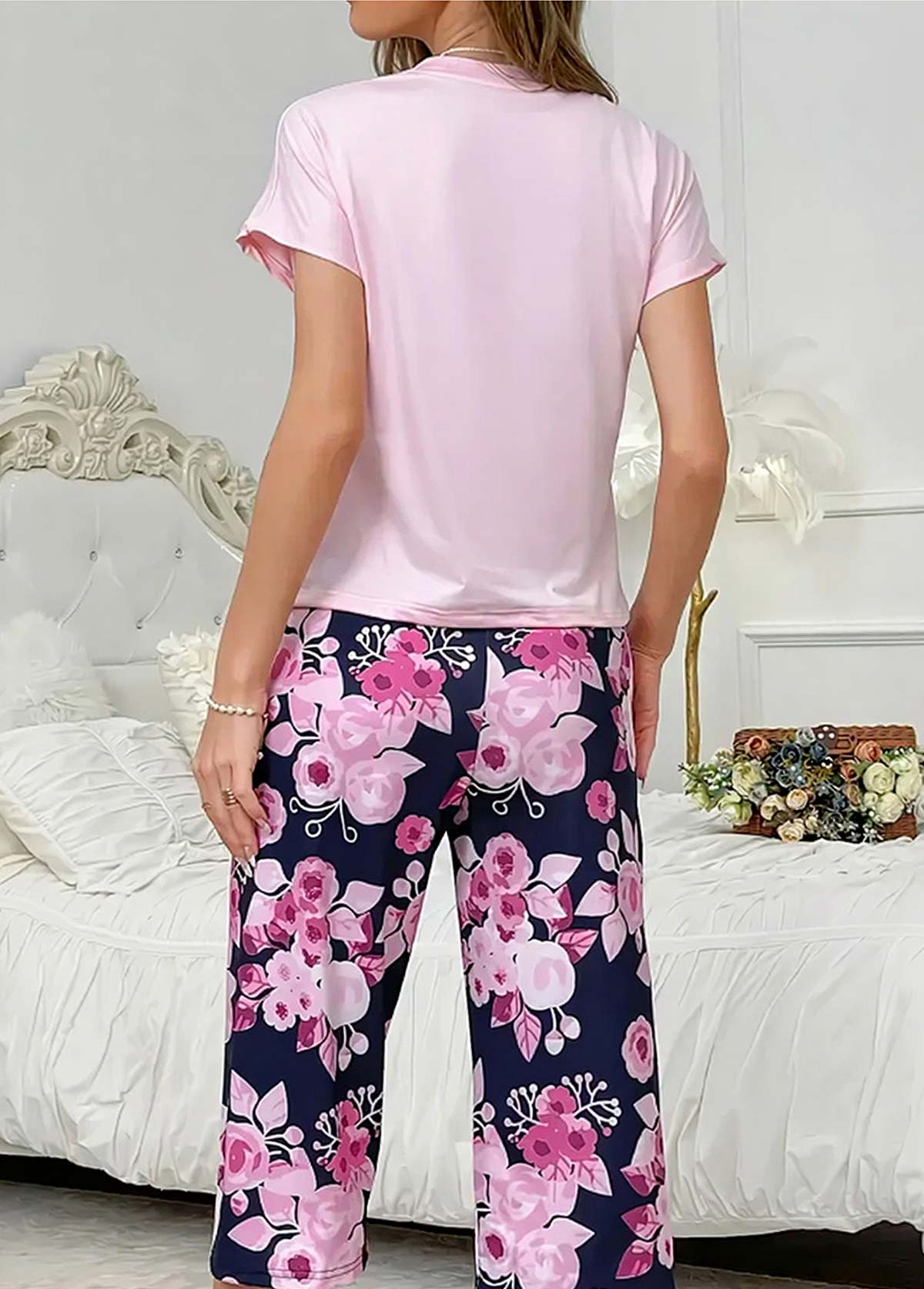 Floral Print Pink Round Neck Lounge Top and Pants