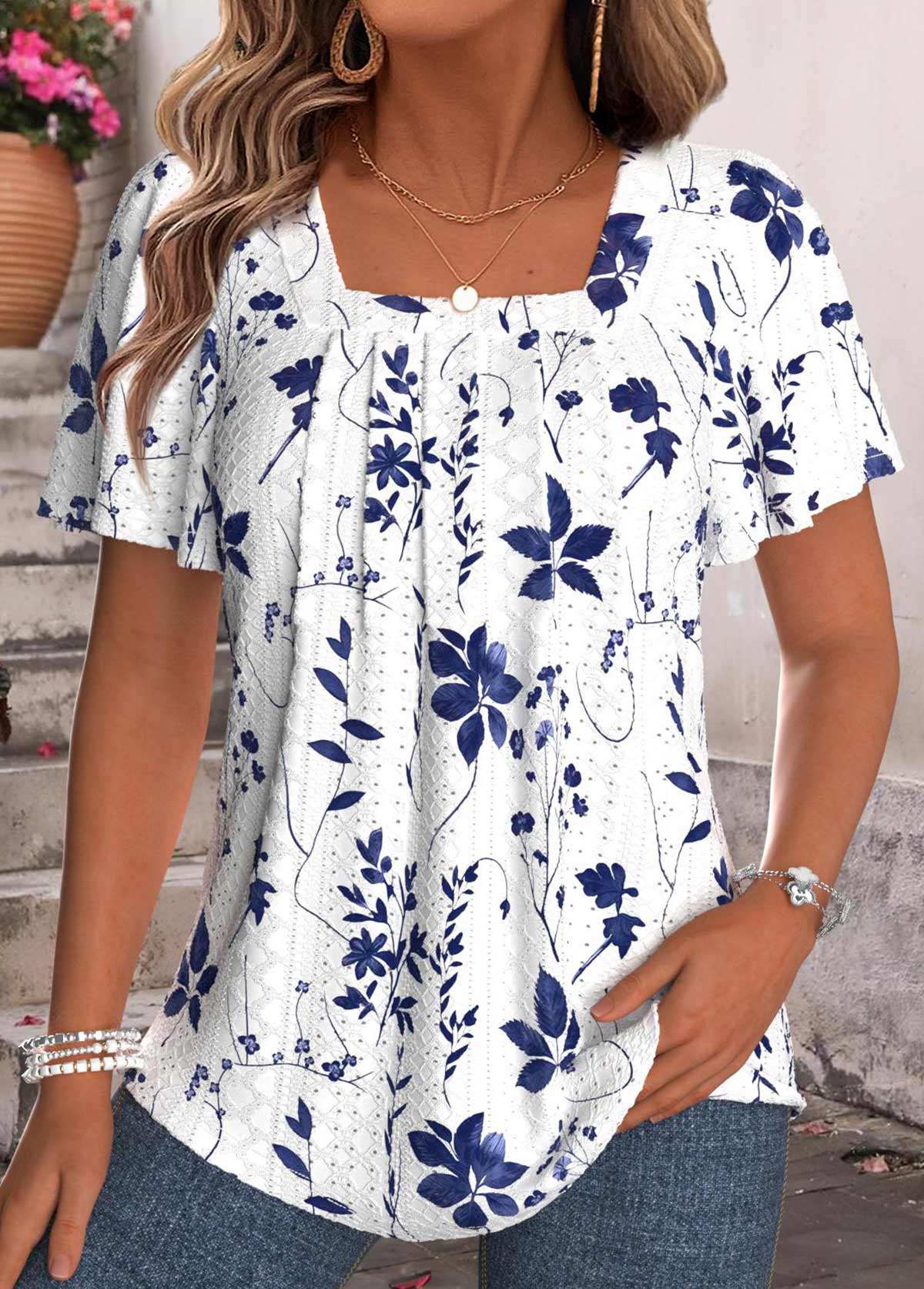 Floral Print Tummy Coverage White Short Sleeve T Shirt