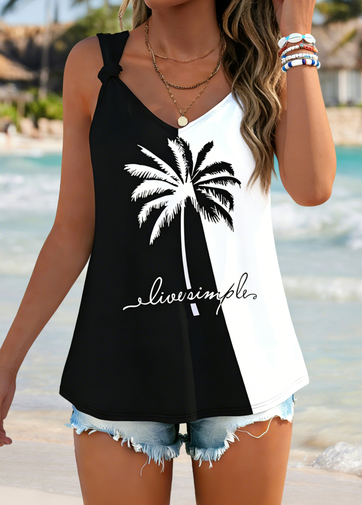 Tropical Plants Print Tie Black Strappy Tank Top