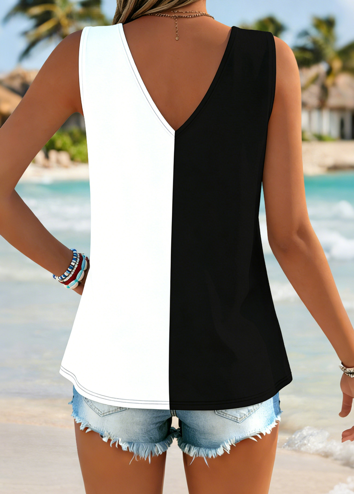 Tropical Plants Print Tie Black Strappy Tank Top