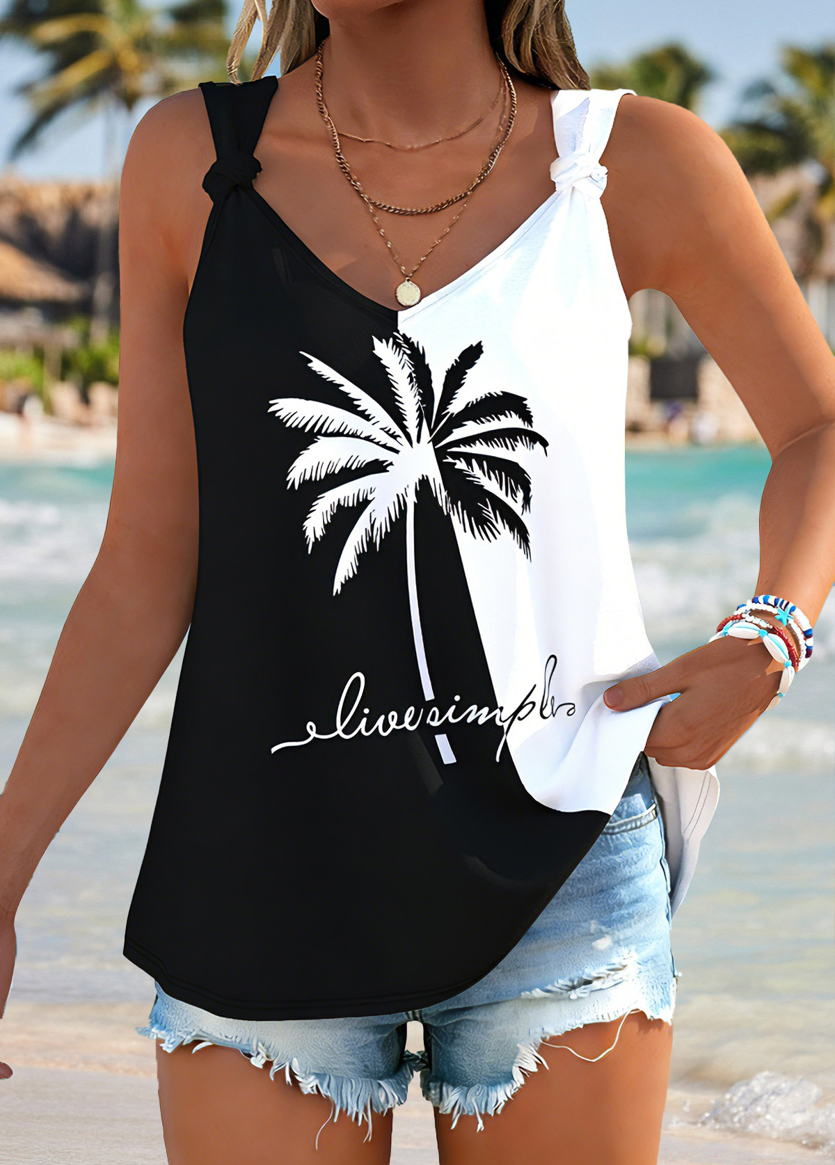 Tropical Plants Print Tie Black Strappy Tank Top