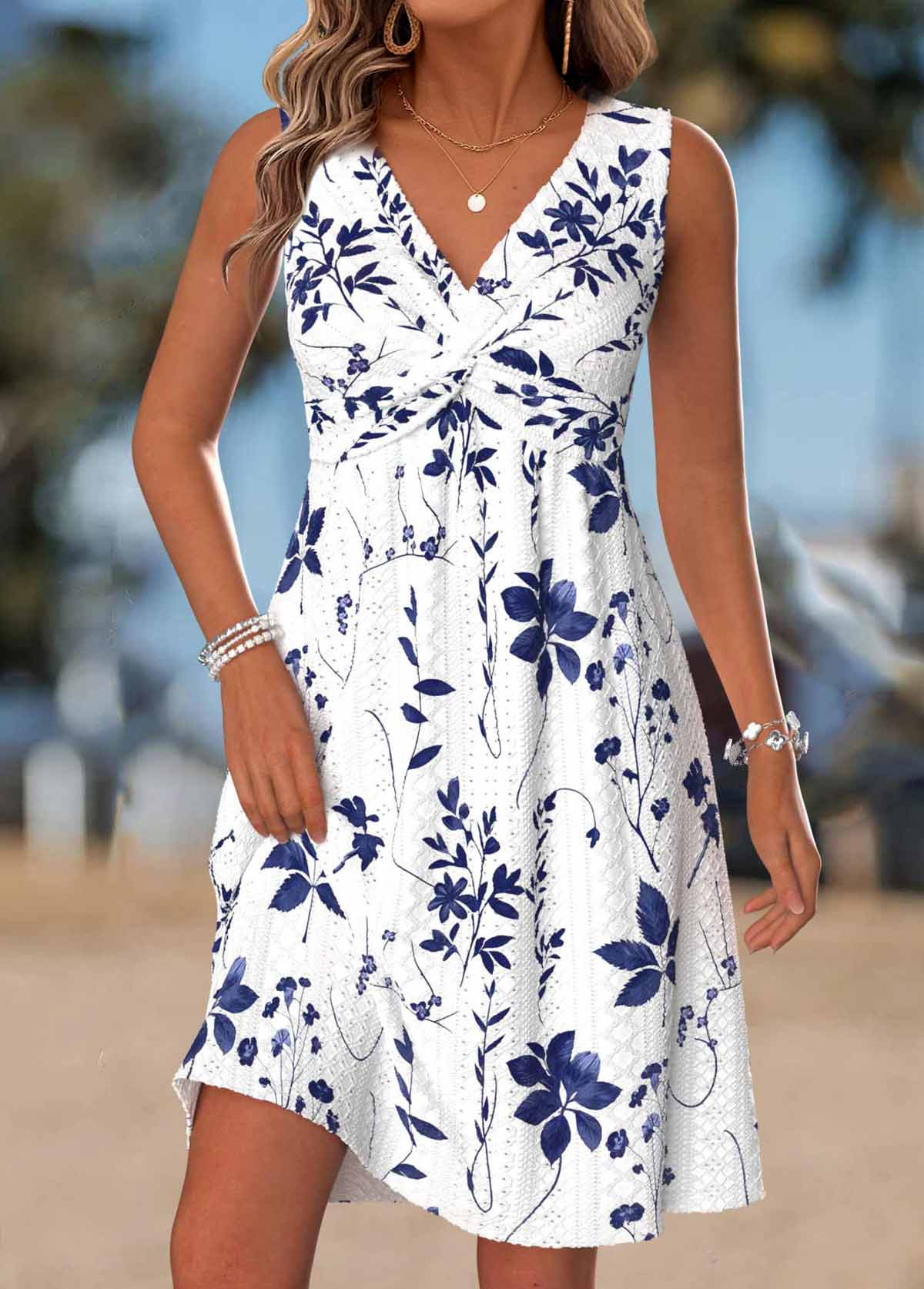 Leaf Print Tummy Coverage White Short Sleeveless Dress