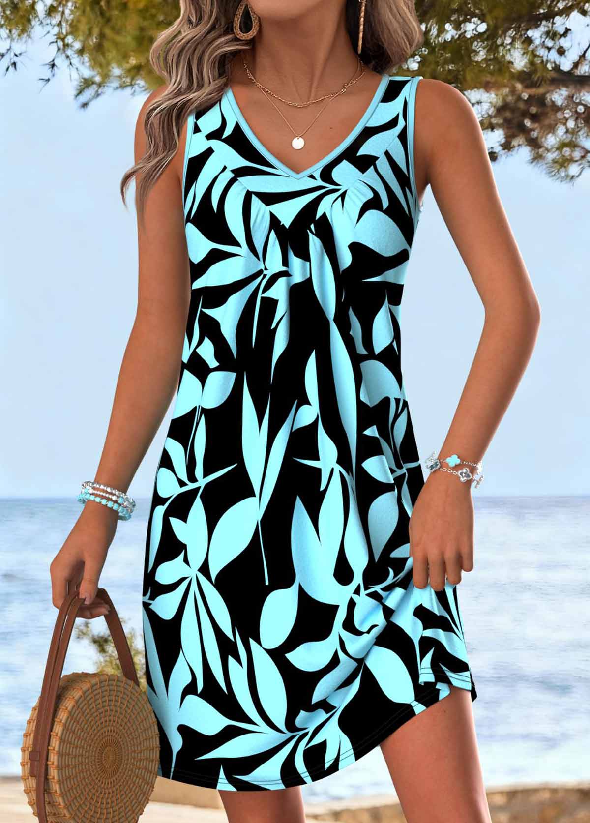 Leaf Print Tummy Coverage Cyan Short Sleeveless Dress