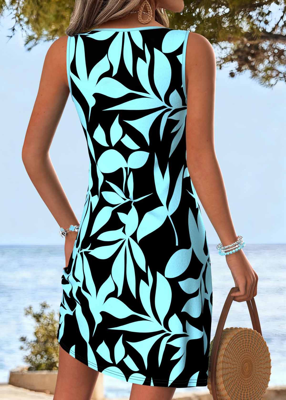 Leaf Print Tummy Coverage Cyan Short Sleeveless Dress