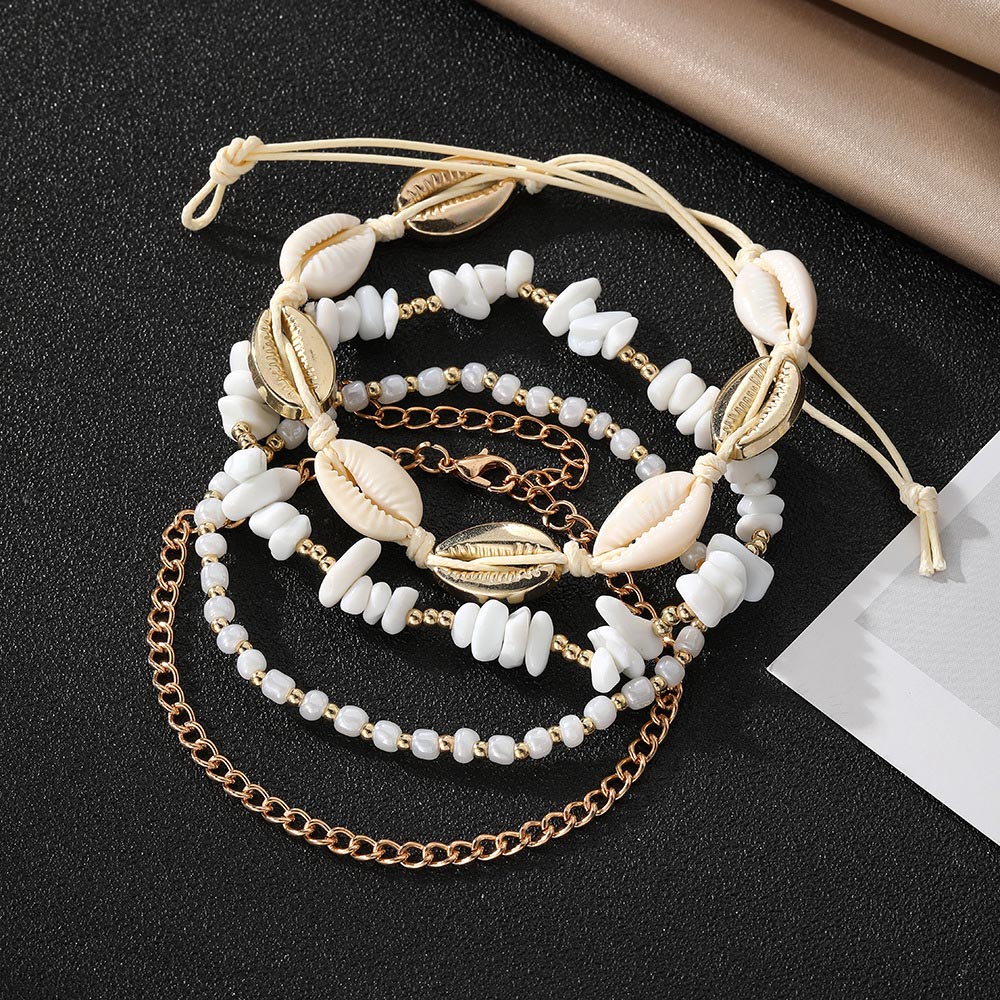 Beige Color Shell Alloy Detail Anklets