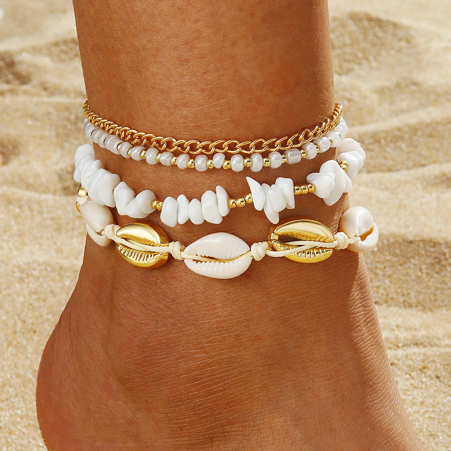 Beige Color Shell Alloy Detail Anklets