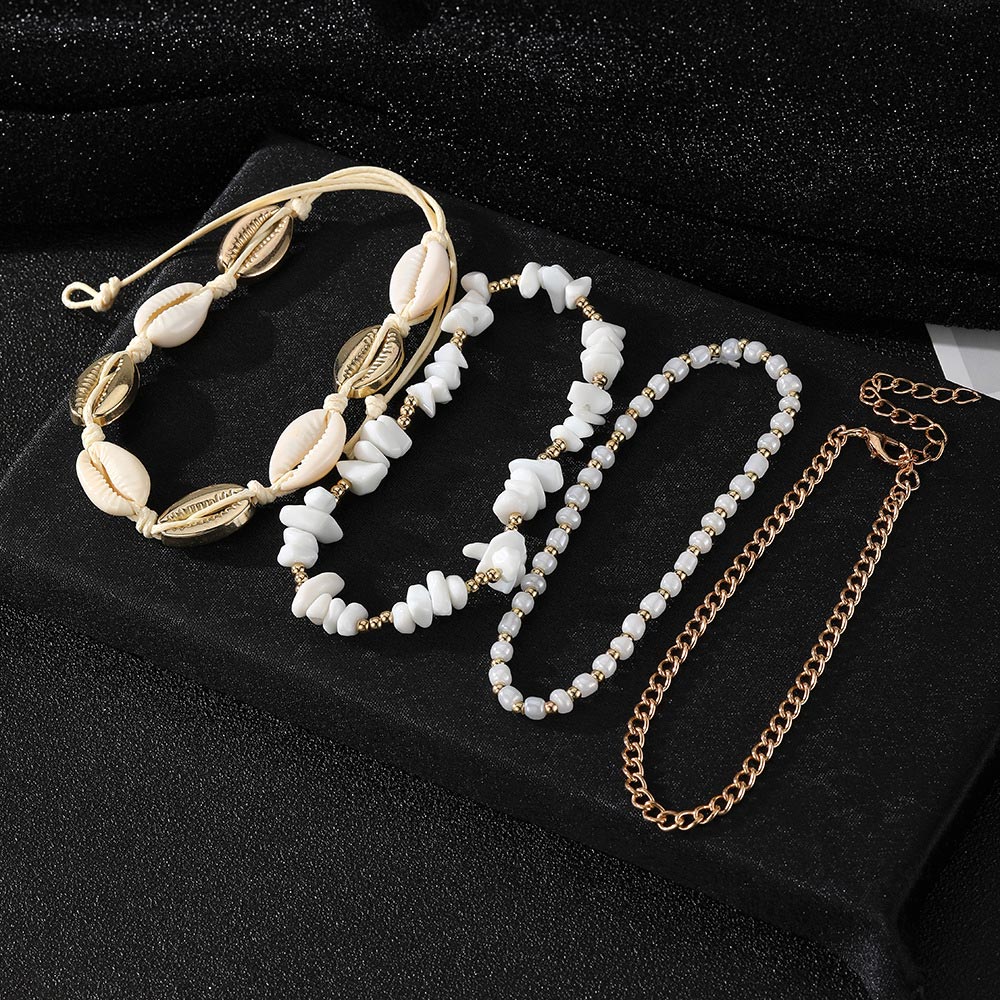 Beige Color Shell Alloy Detail Anklets