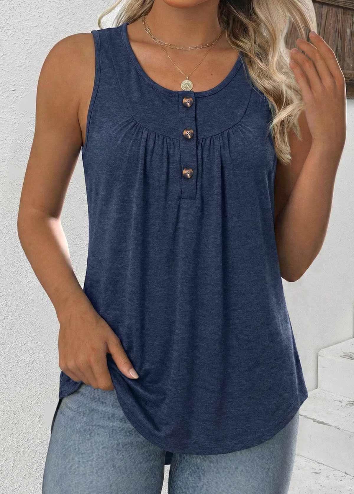 Tummy Coverage Navy Sleeveless Round Neck Tank Top
