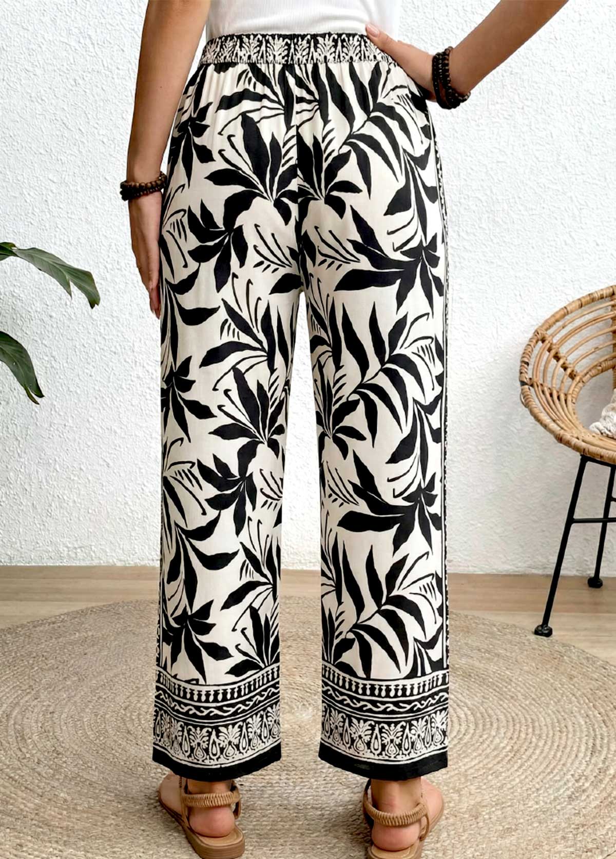 Tropical Plants Print Soft Black Wide Leg Pants
