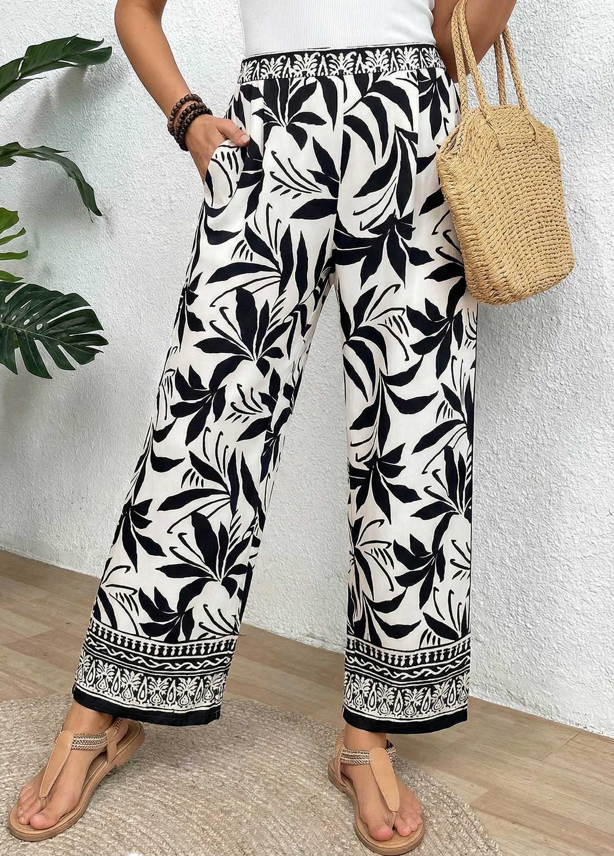 Tropical Plants Print Soft Black Wide Leg Pants