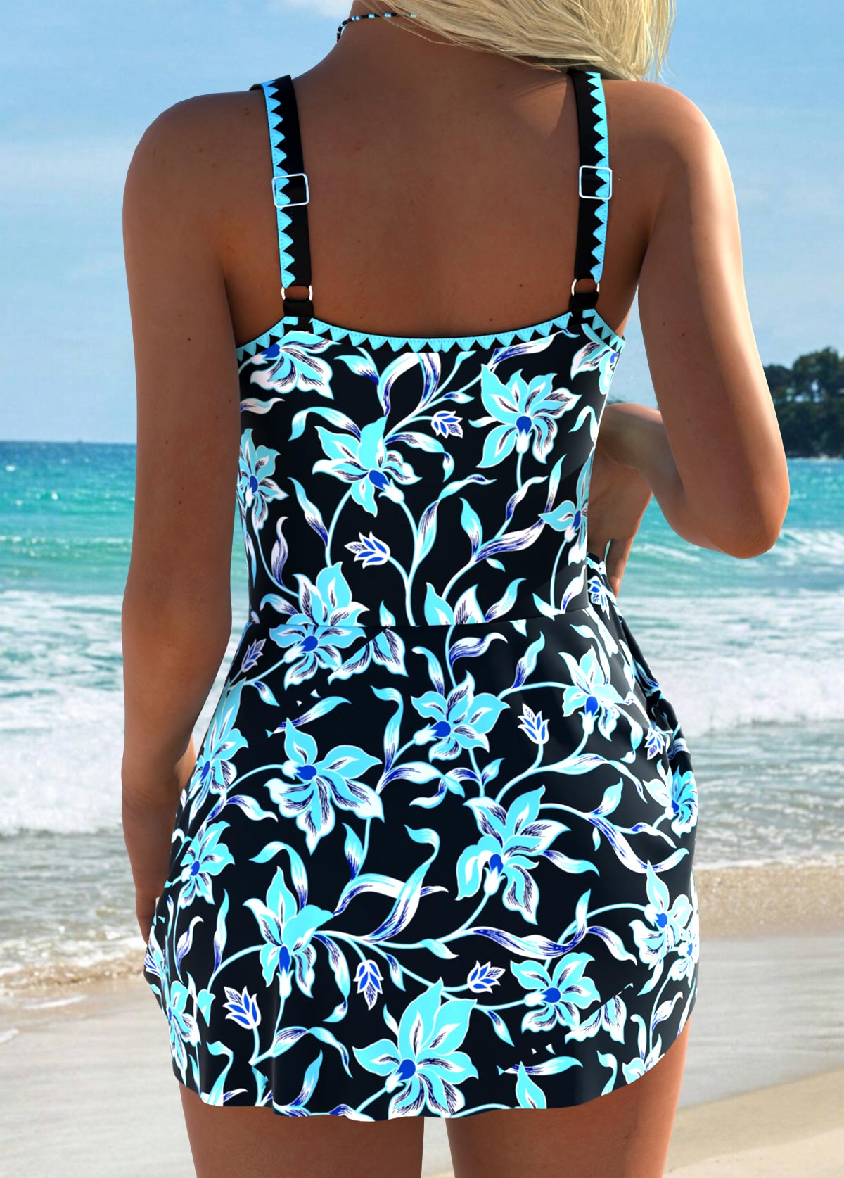 Random Floral Print Tummy Coverage Cyan One Piece Swimdress