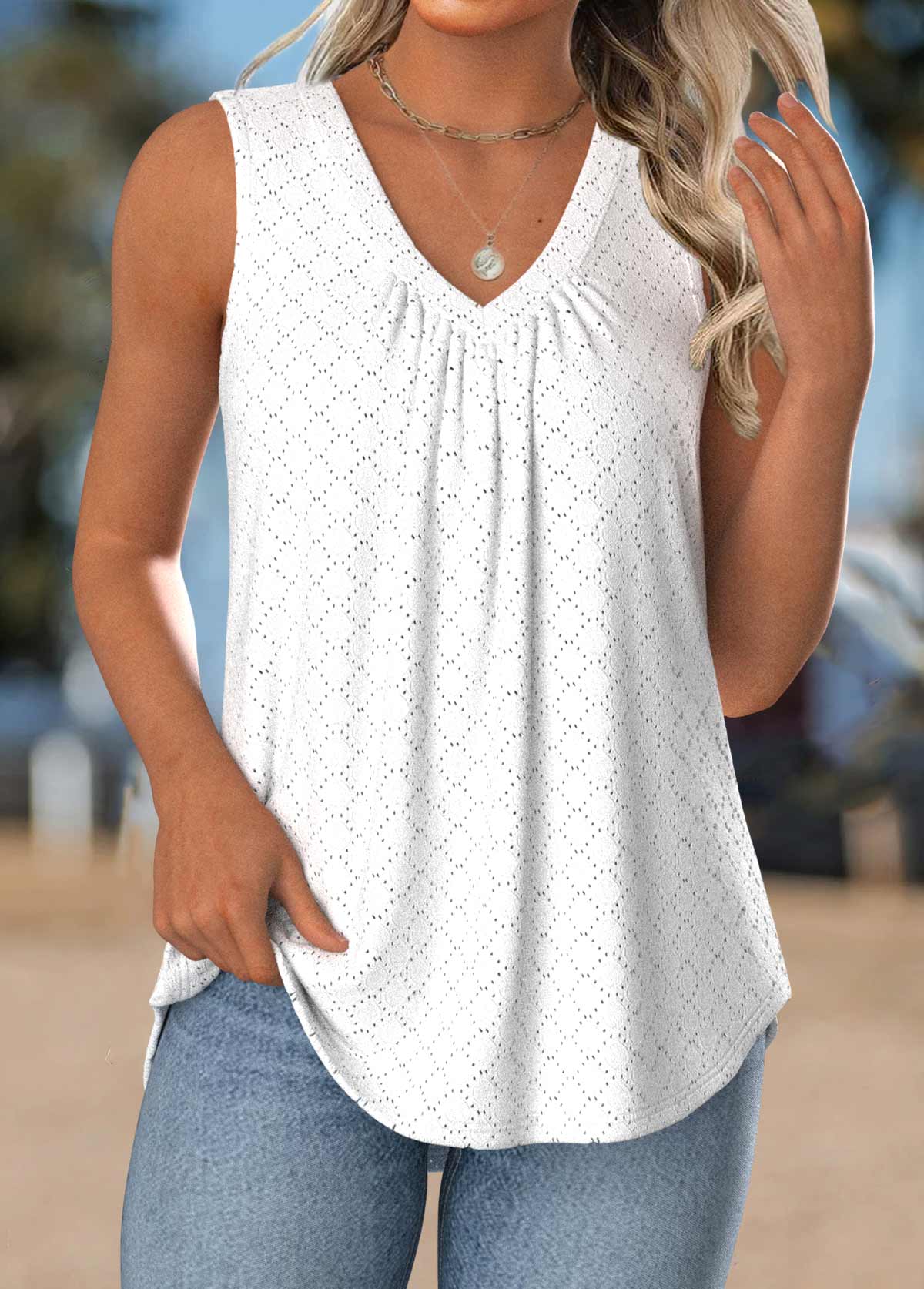 Tummy Coverage White Sleeveless V Neck Tank Top