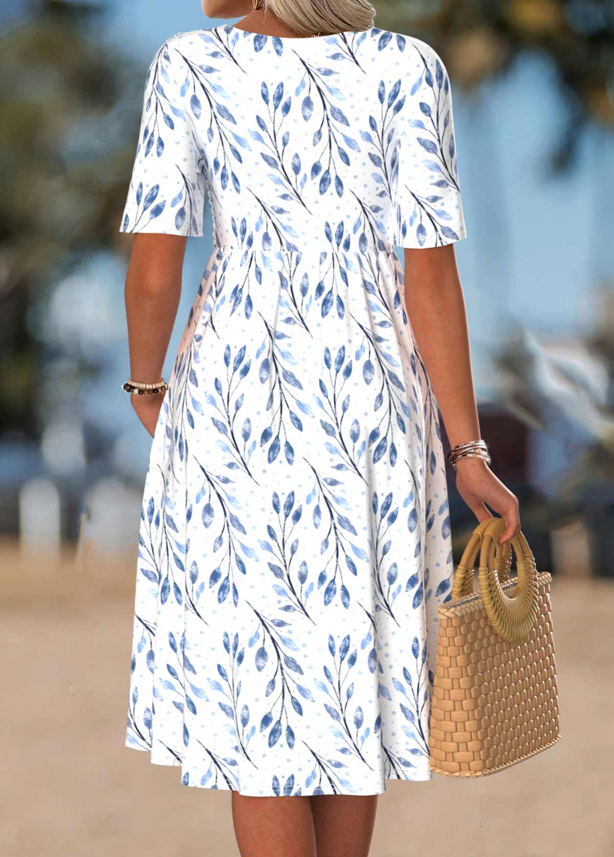 Leaf Print Smocked White Short Sleeve Split Neck Dress