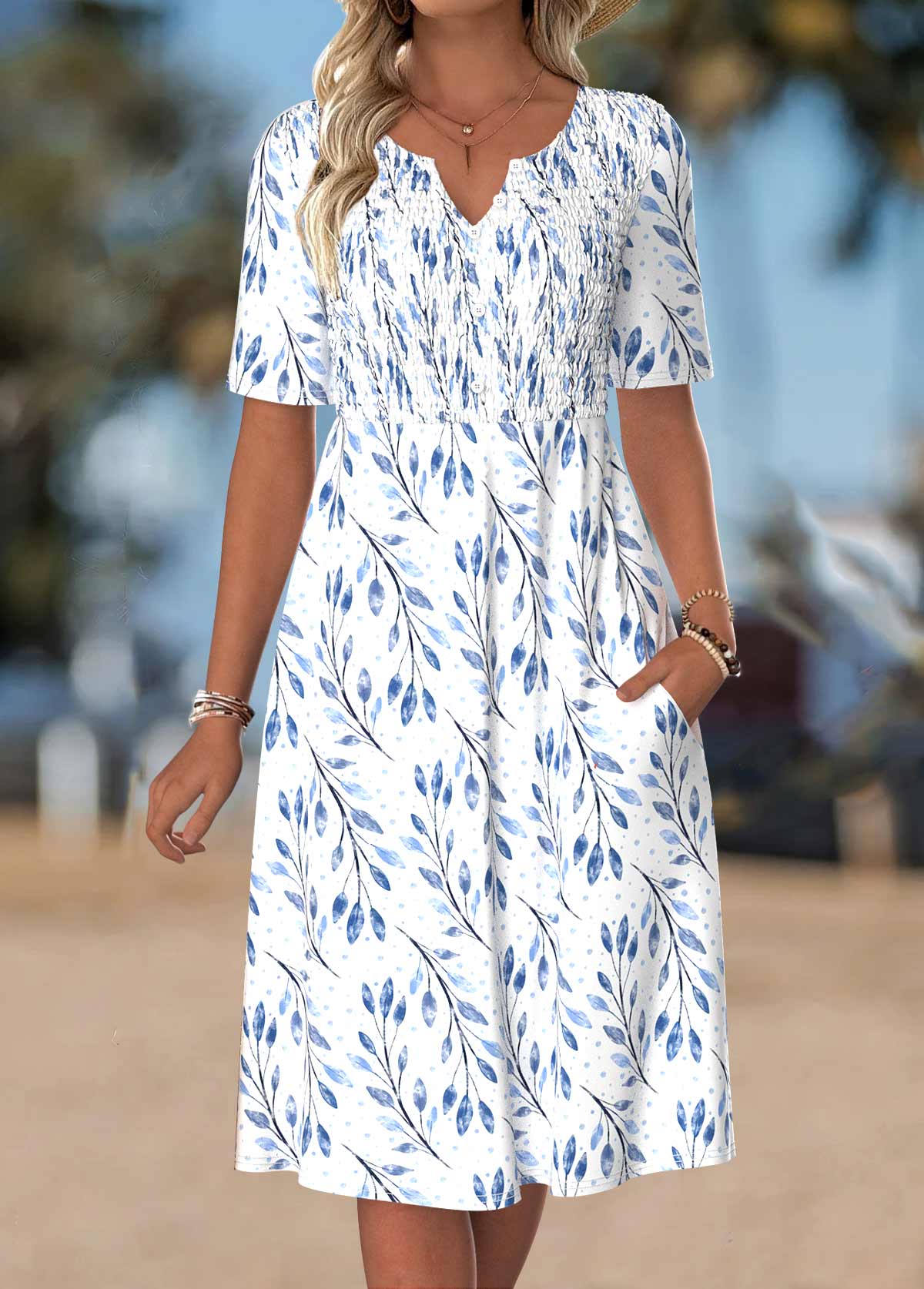 Leaf Print Smocked White Short Sleeve Split Neck Dress