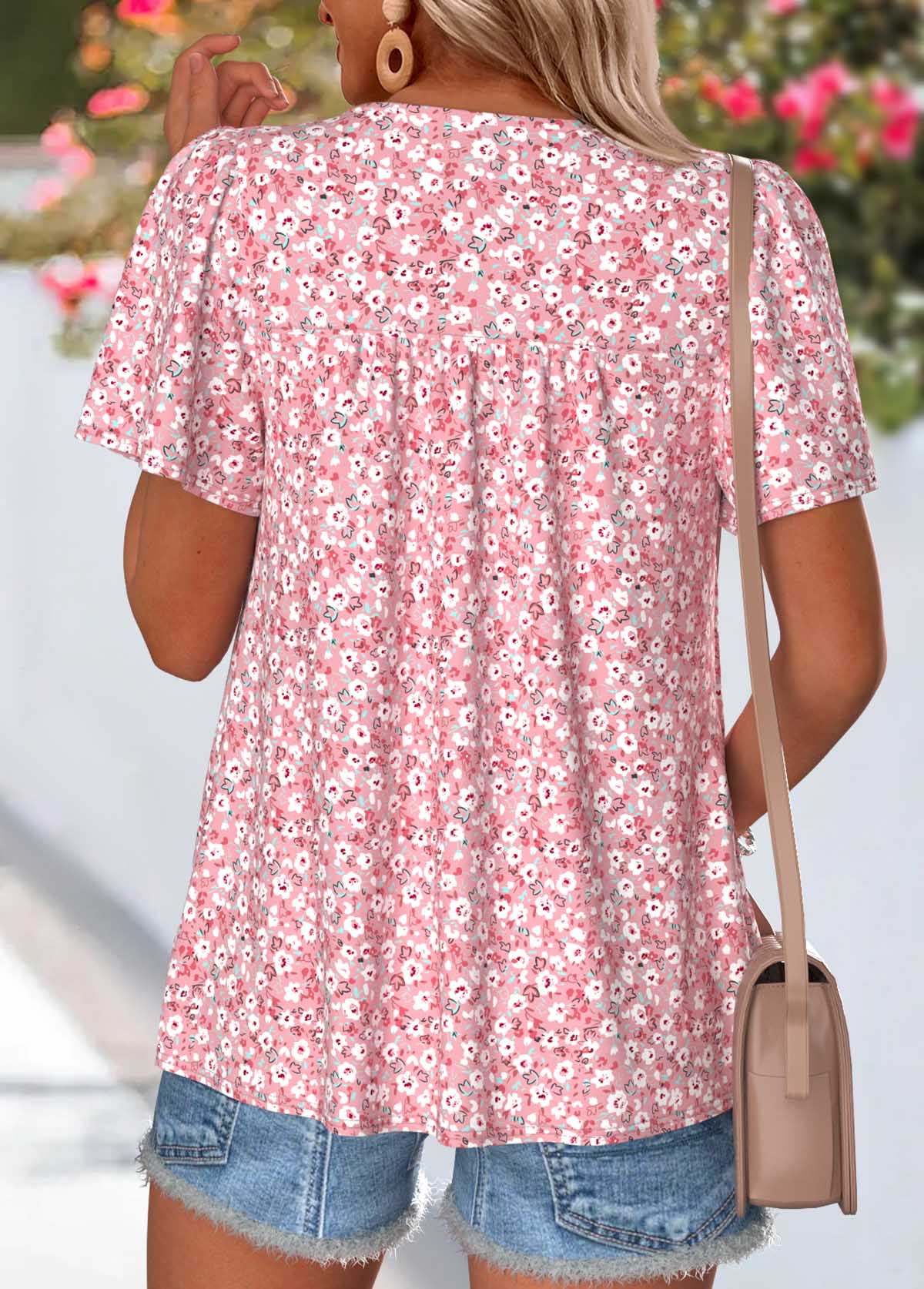 Ditsy Floral Print Curved Hem Pink T Shirt