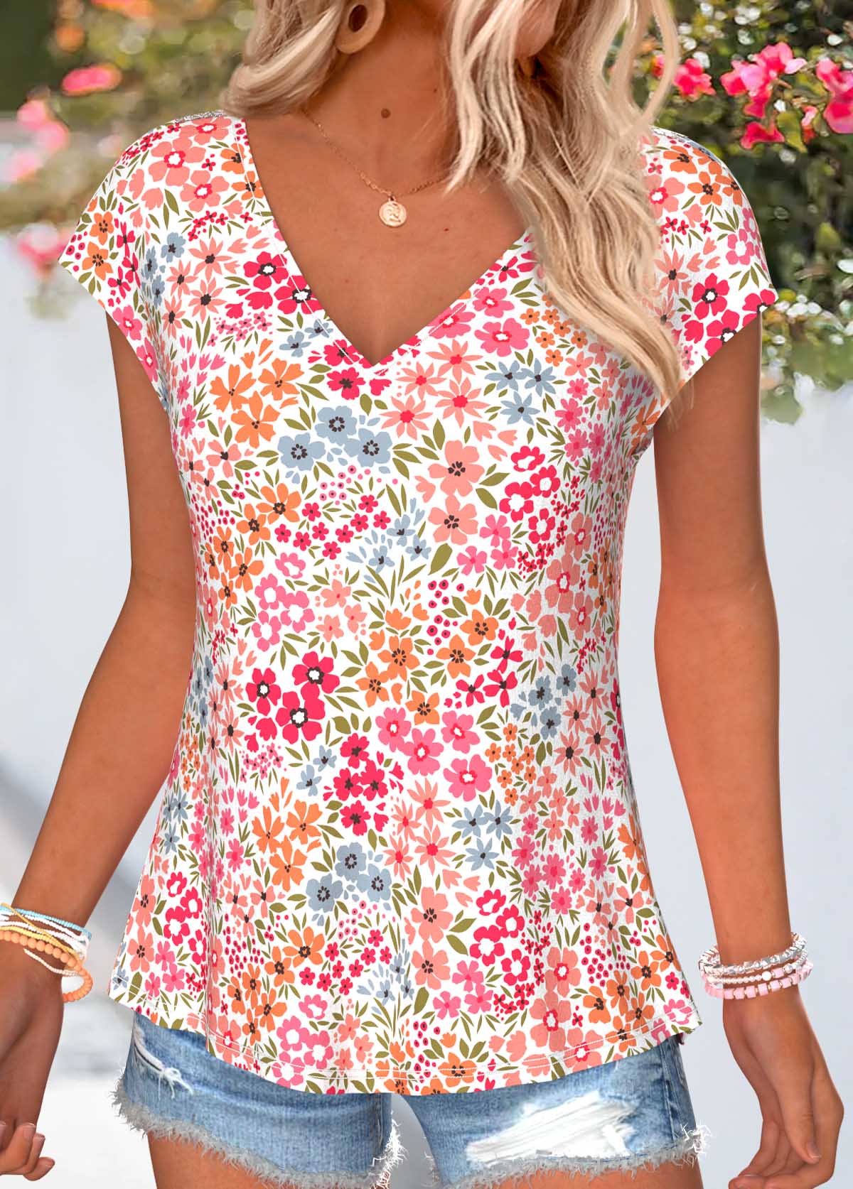Floral Print Tummy Coverage Pink Short Sleeve T Shirt