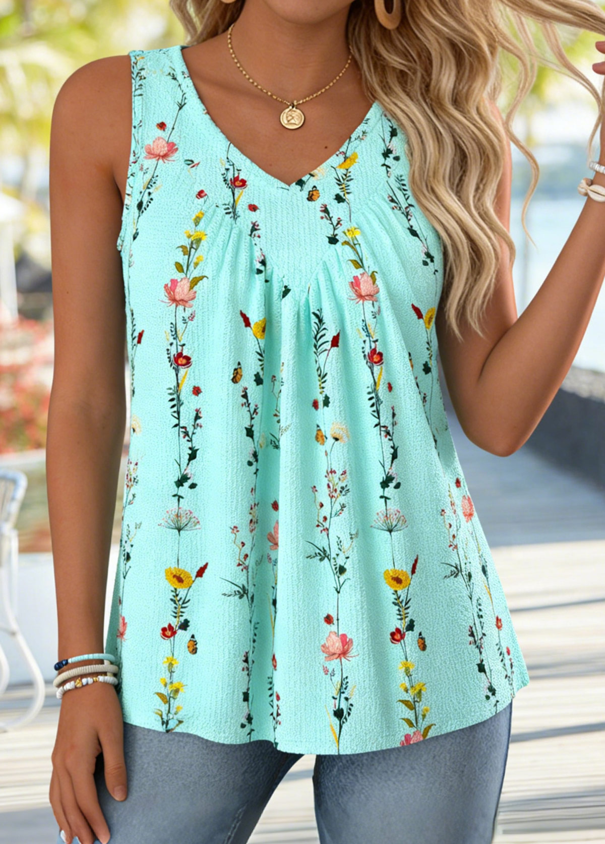 Ditsy Floral Print Tummy Coverage Cyan Sleeveless Tank Top