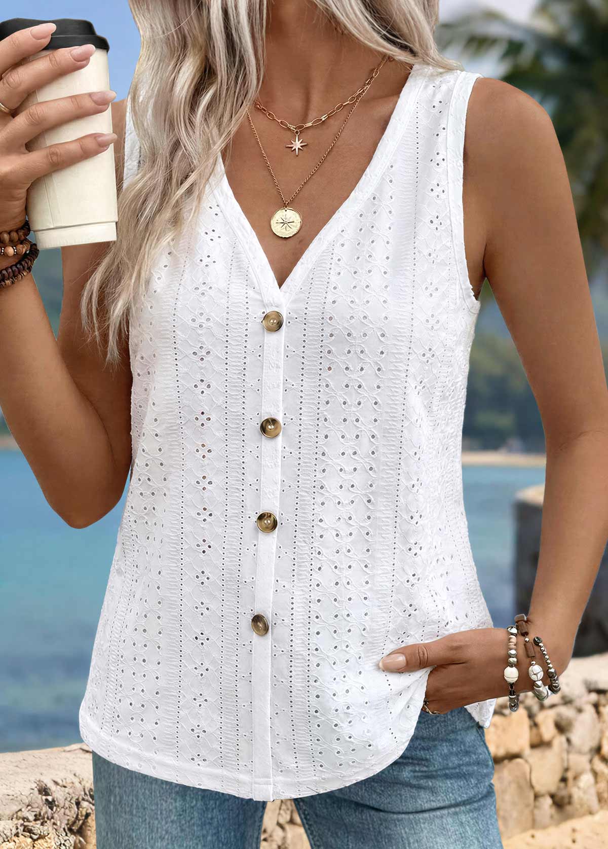 Button White Sleeveless V Neck Tank Top