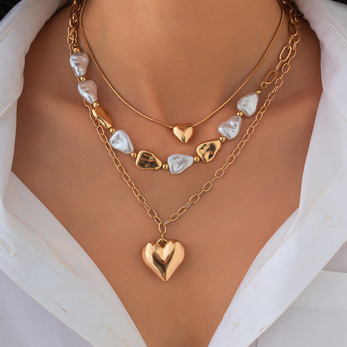 Golden Color Heart Detail Multi-Layer Necklace