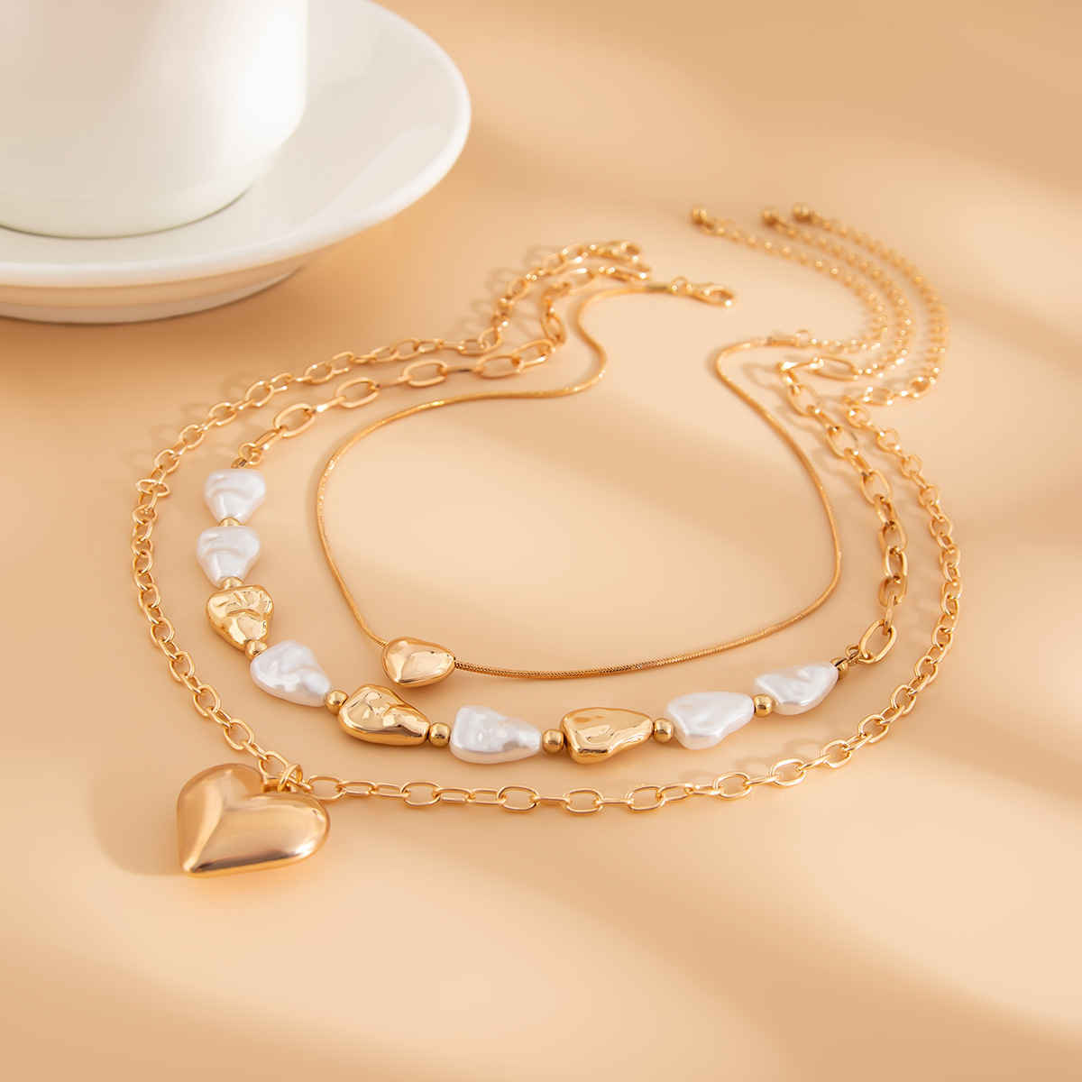 Golden Color Heart Detail Multi-Layer Necklace