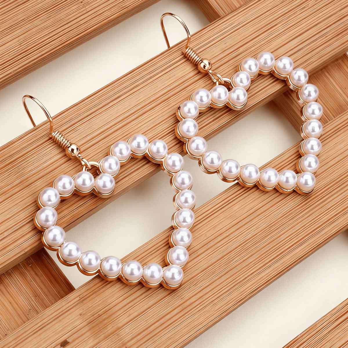Beige Color Heart Pearl Detail Earrings