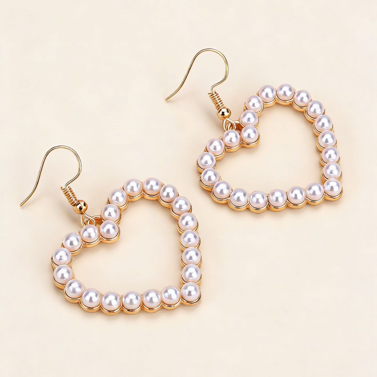 Beige Color Heart Pearl Detail Earrings