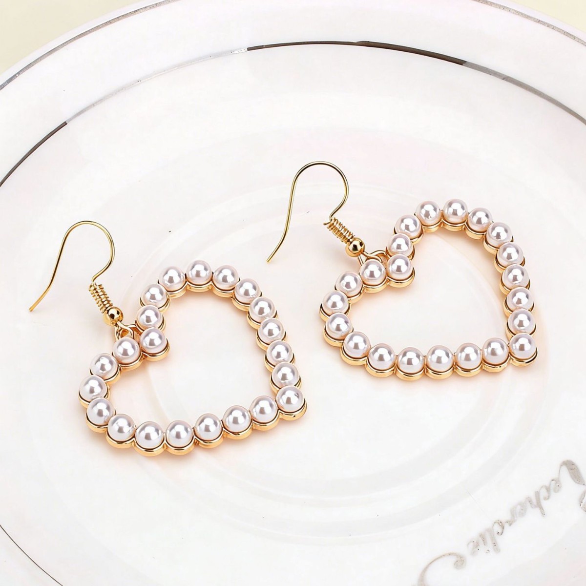Beige Color Heart Pearl Detail Earrings