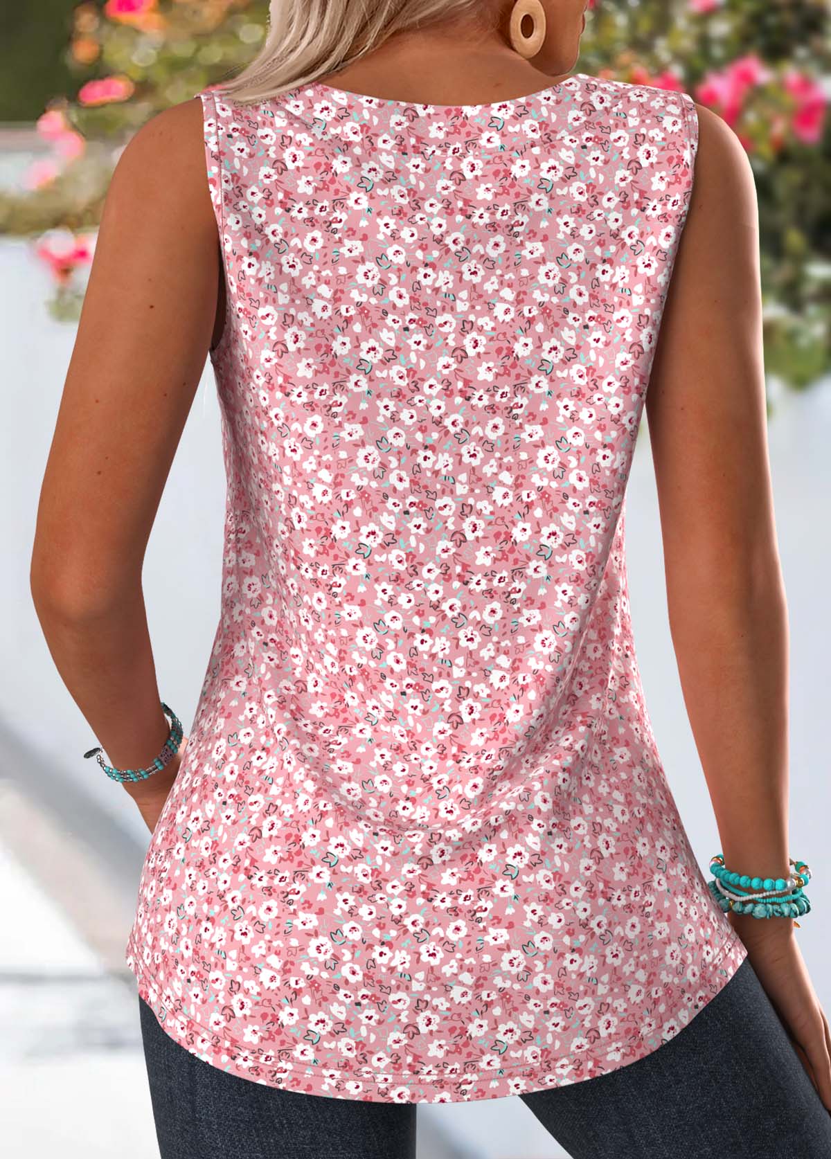 Ditsy Floral Print Pleated Pink Sleeveless Tank Top