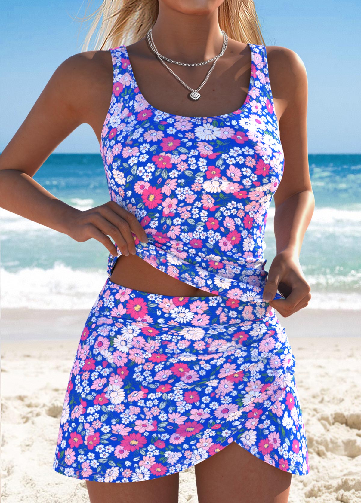 Mid Waisted Tribal Print Tummy Coverage Tankini Set