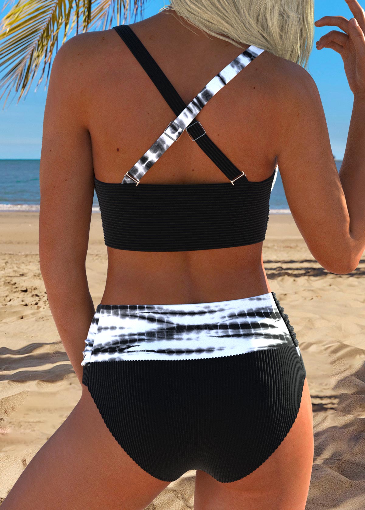 Mid Waisted Tie Dye Print Black Bikini Set