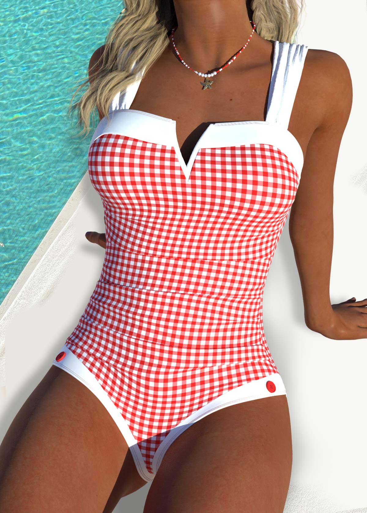 Plaid Red Bandeau One Piece Swimwear
