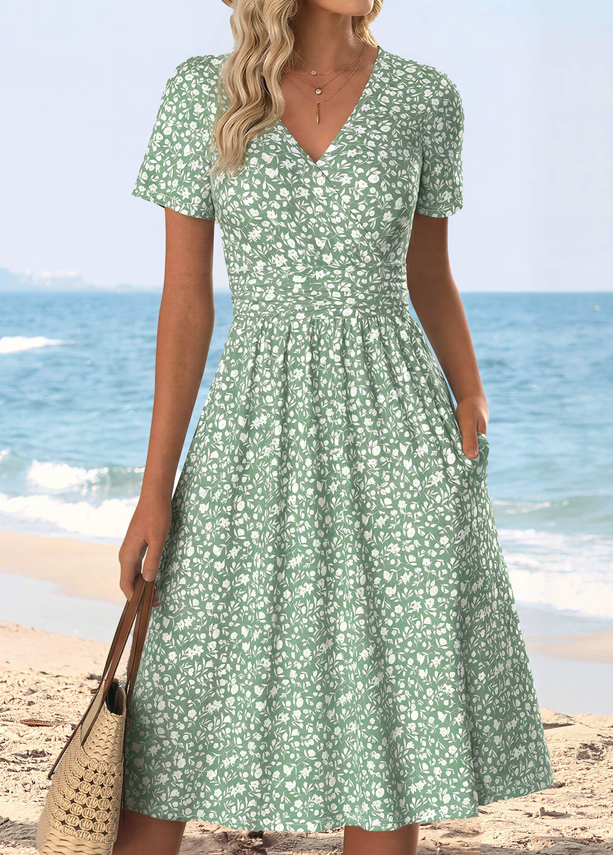 Ditsy Floral Print Surplice Light Green Short Sleeve Dress