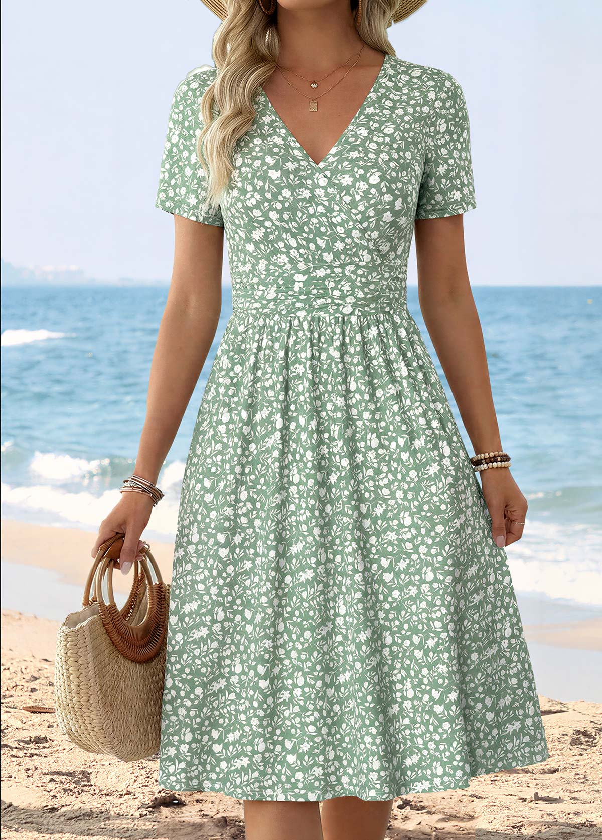 Ditsy Floral Print Surplice Light Green Short Sleeve Dress