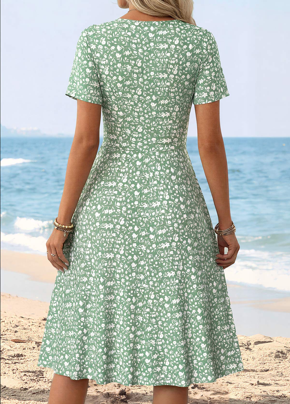 Ditsy Floral Print Surplice Light Green Short Sleeve Dress