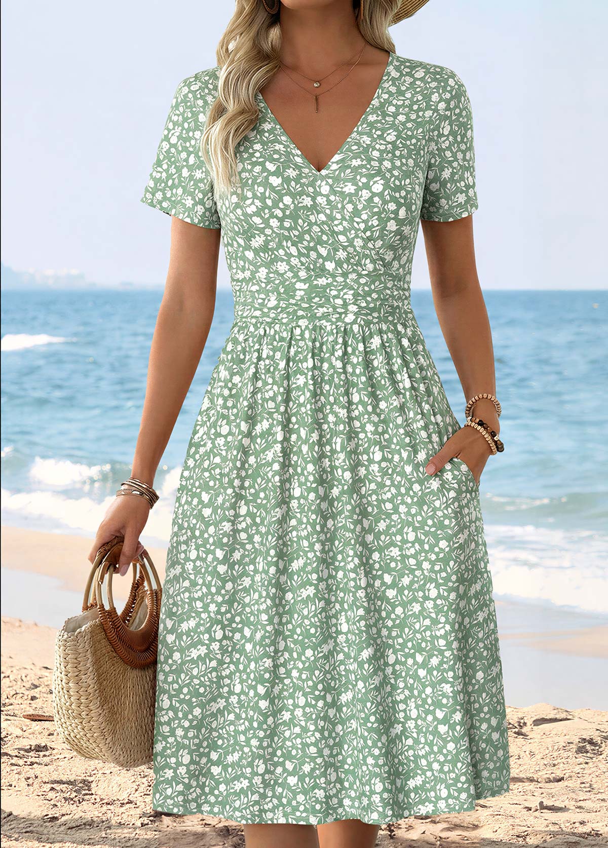Ditsy Floral Print Surplice Light Green Short Sleeve Dress