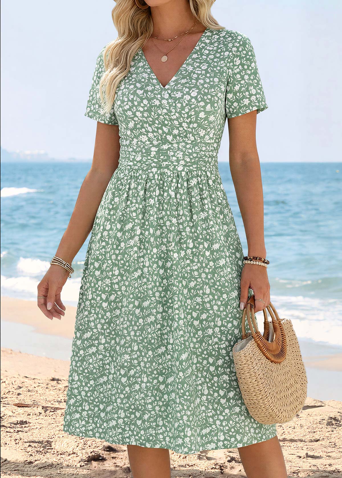 Ditsy Floral Print Surplice Light Green Short Sleeve Dress