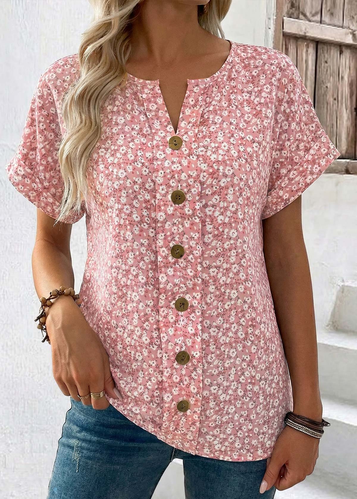 Ditsy Floral Print Tummy Coverage Pink T Shirt