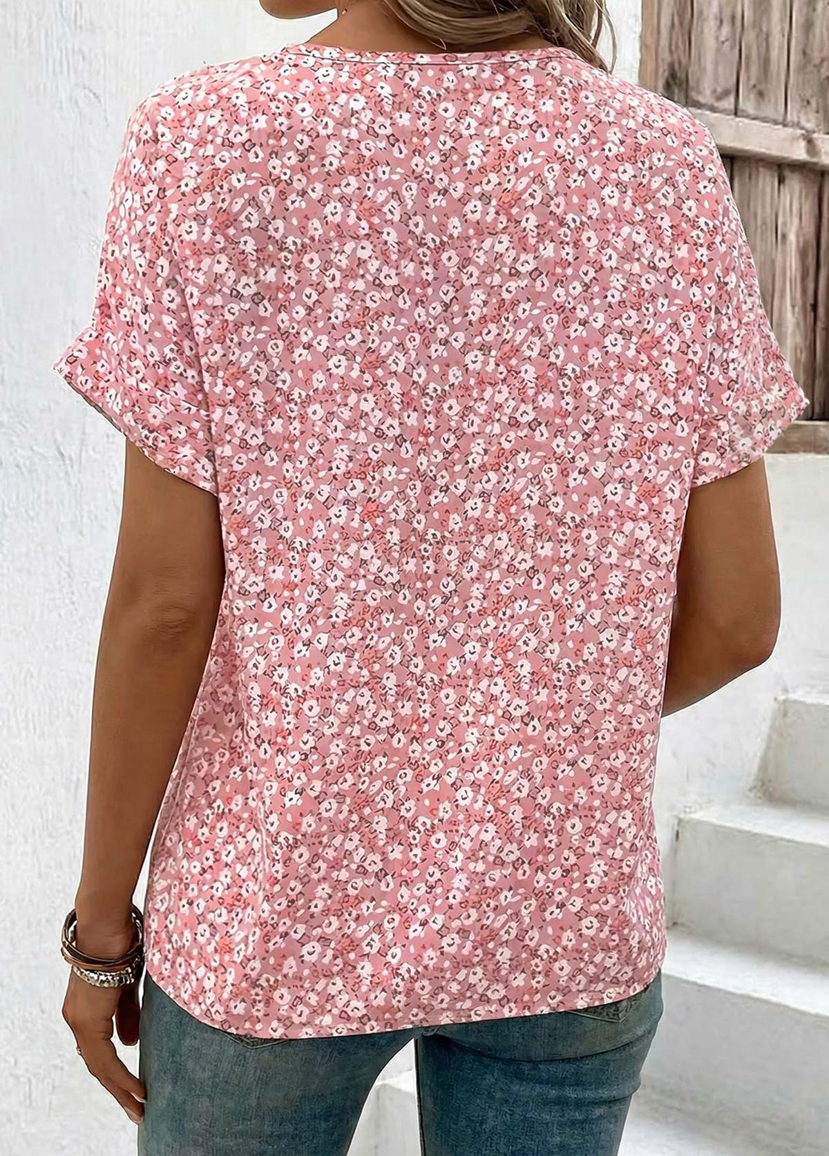 Ditsy Floral Print Tummy Coverage Pink T Shirt