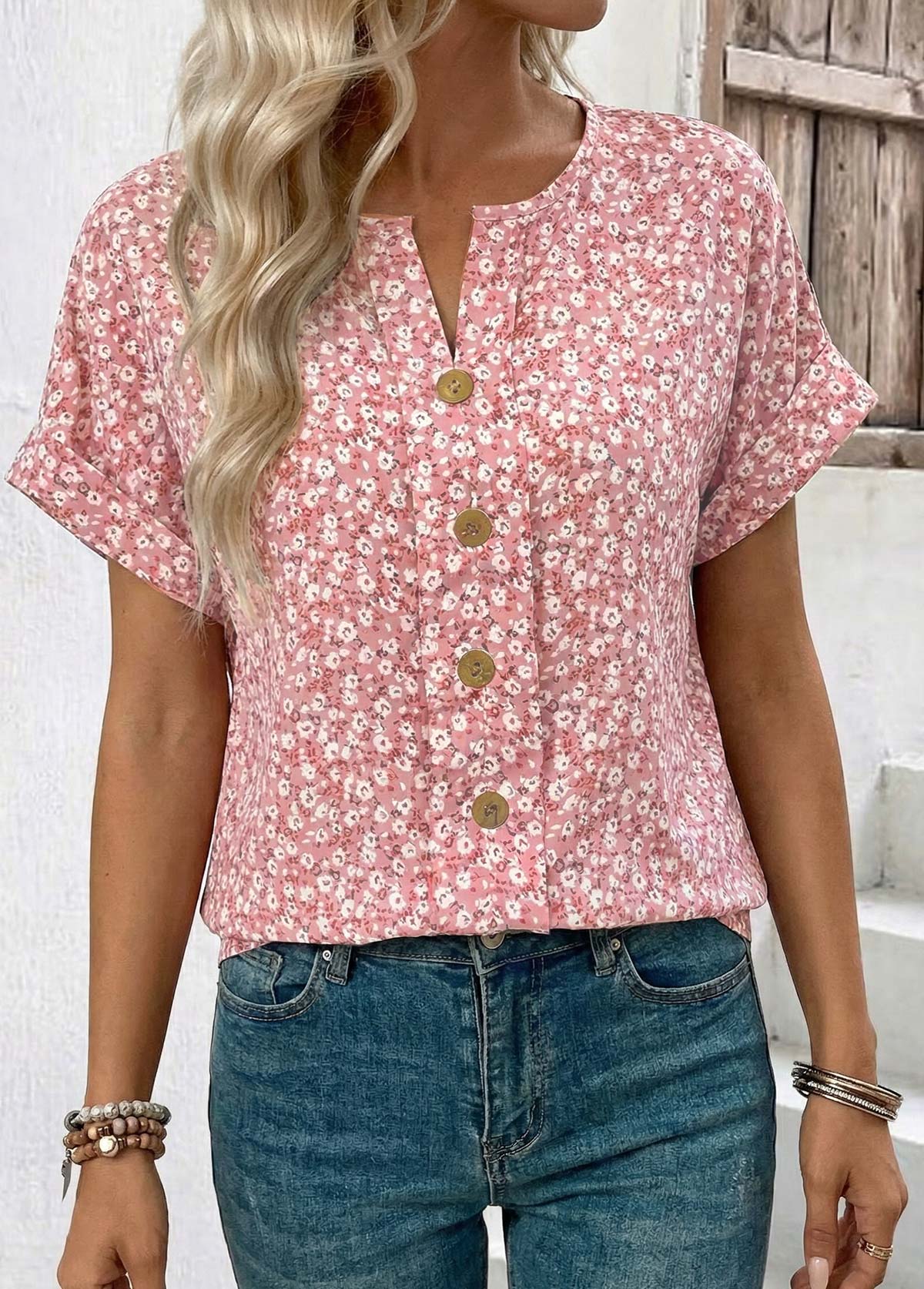 Ditsy Floral Print Tummy Coverage Pink T Shirt