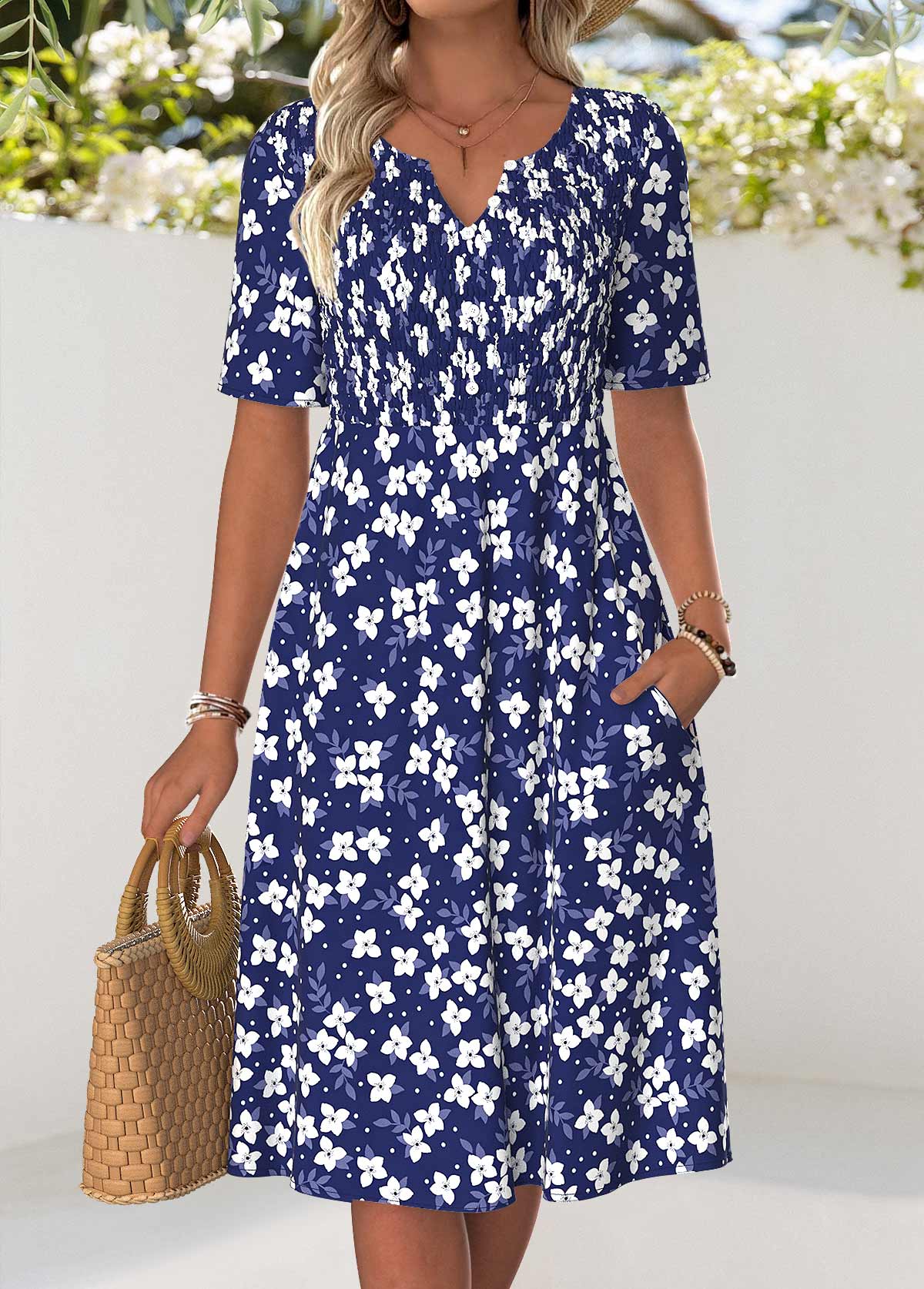 Floral Print Smocked Navy Short Sleeve Split Neck Dress