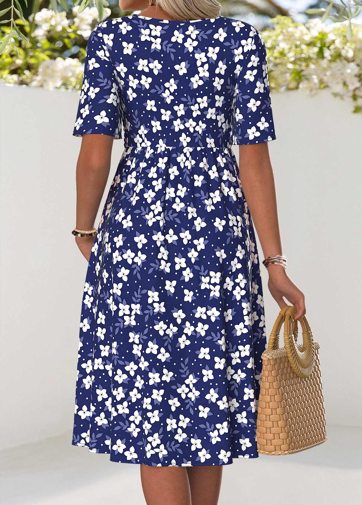 Floral Print Smocked Navy Short Sleeve Split Neck Dress
