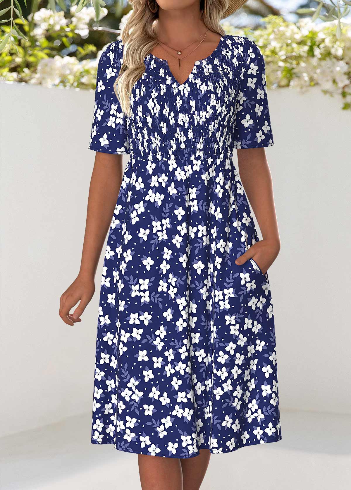 Floral Print Smocked Navy Short Sleeve Split Neck Dress