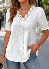 Lace White Short Sleeve V Neck Blouse
