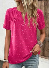 Button Hot Pink Short Sleeve Split Neck Blouse