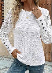 Patchwork White Long Sleeve Round Neck T Shirt