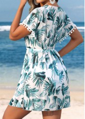 Tropical Plants Print Tummy Coverage Turquoise Cover Up