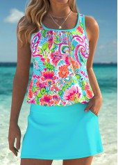 Mid Waisted Tribal Print Tummy Coverage Cyan Tankini Set