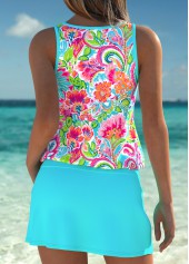 Mid Waisted Tribal Print Tummy Coverage Cyan Tankini Set