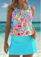 Mid Waisted Tribal Print Tummy Coverage Cyan Tankini Set